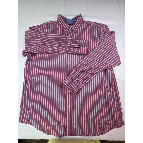 Chaps Men's Easy Care Size Large Maroon Long Sleeve‎ Striped Button Up Shirt - Picture 2 of 8